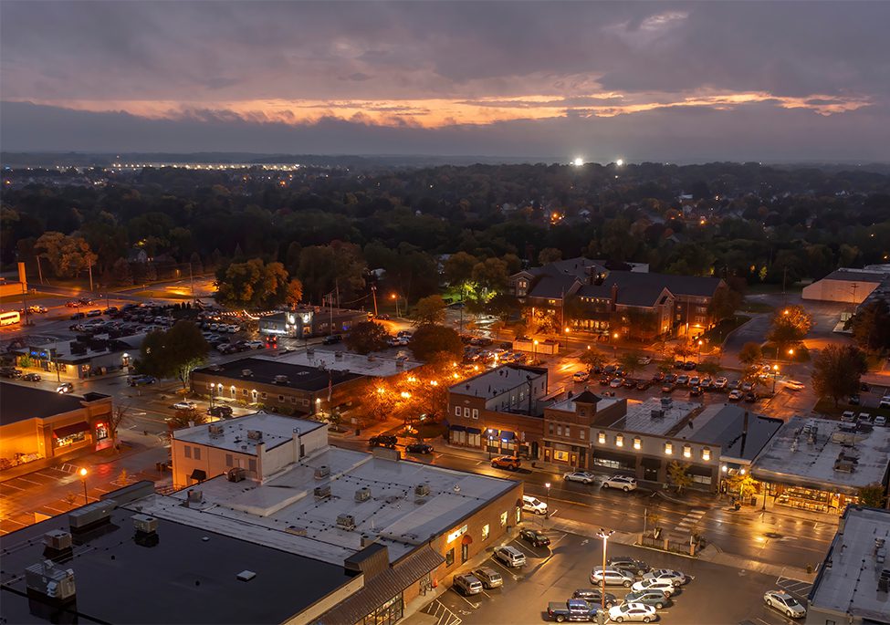 Aerial view of the Twin Cities Suburb of Lakeville with illuminated lights at night in Minnesota
