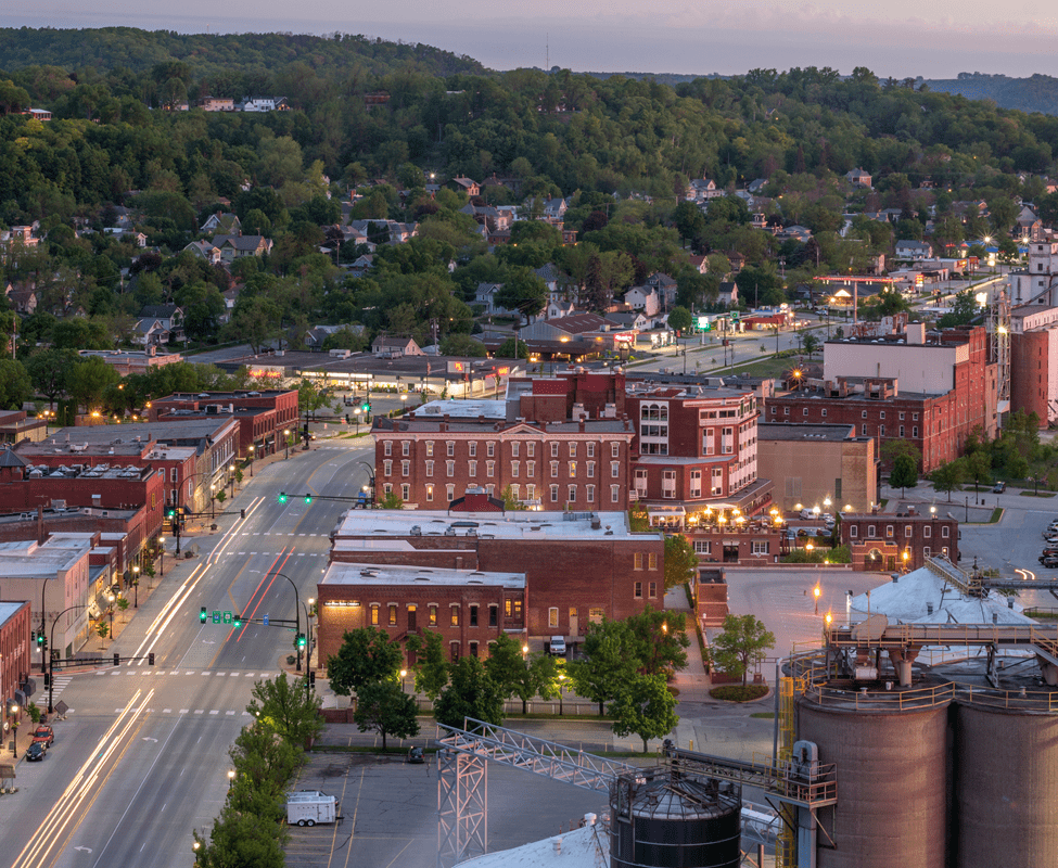 Red Wing aerial view of the city afternoon. Red Wing Movers - Piepho Moving & Storage